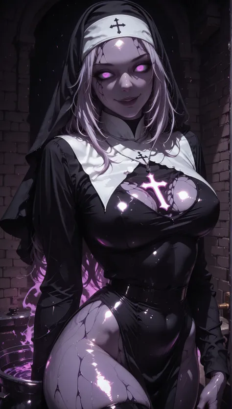 Young beautiful woman,(Highest quality,Extremely detailed image,incredibly absurdly high resolution,Anatomically accurate image,curved legs ),( radiant skin ,Shiny skin,waterproof skin),(nun,複雑な光沢のあるのnunの服),eyelash,(Intensely glowing purple eyes,crazy eyes...