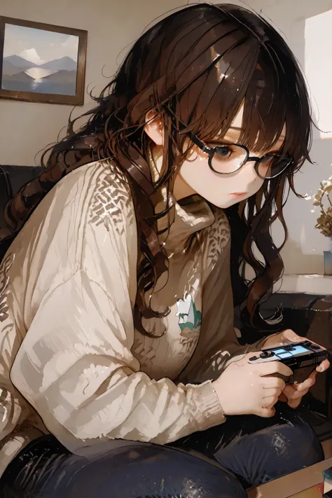 Slchubtyy,,748cmstyle,atmospheric photo realistic,masterpiece, best quality, Hyper detailed, High detail, Exquisite detail, Asian, girl, dark brown shoulder-length curly hair, black eyes, nerd, turtleneck sweater, black jeans, gamer, front of pc, playing g...