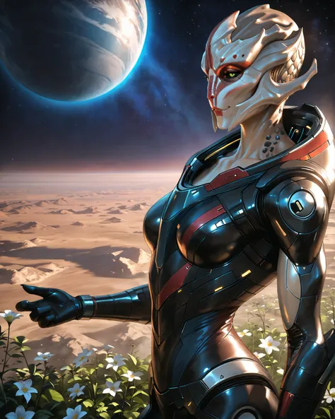 Photograph, photorealistic, 1woman, solo, medium breasts, cowboy shot, dynamic pose, photonoko, (pixelsketcher:0.9), (personalami:0.7), (bust portrait:0.8), (detailed background:1.2), (medium shot:1.2), (three-quarter view:1.2), (alien planet landscape:1.2...