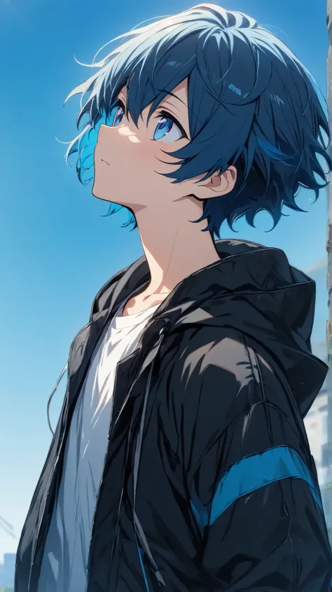 [(SKY BLUE BACKGROUND:1.5),::5], (((masterpiece))), high quality, ultra very high resolution, full color, ((solo)), ((younger boy)), ((men's short DeepBlue hair)), (deepblue eyes), anime, ((Upper body)), White shirt clothes, black parka, 