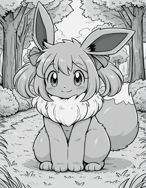 greyscale, monochrome,, pokekid, eevee, fluffy girl, furry girl, female, smile, smiling, has a big pretty bow in her hair, has animal paws for hands, 1girl, best quality, outdoors, high definition, cute,