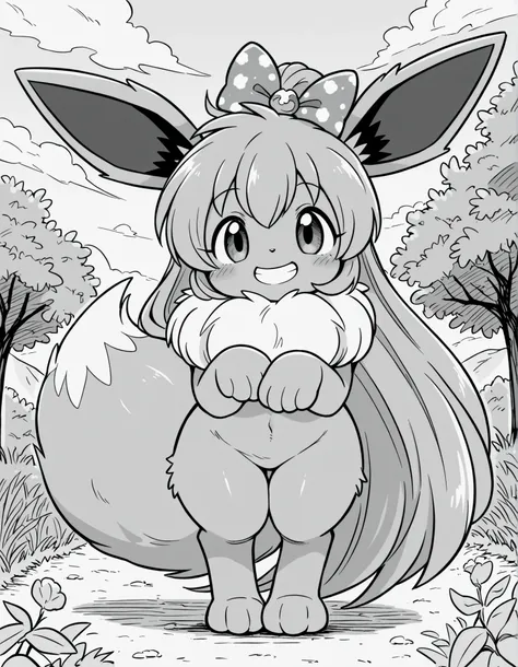 greyscale, monochrome,, pokekid, eevee, fluffy girl, furry girl, female, smile, smiling, has a big pretty bow in her hair, has animal paws for hands, 1girl, best quality, outdoors, high definition, cute,