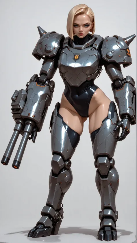 Luriketta 'Suto', armored woman, asymmetrical blonde bobcut, bionic eyes, bionic leg, melee fighter, makeup, eyeshadow, cook, artist, psychopath, power armour, (cataphract armor style), sexy space suit, pinup, bulky armour, standing, blank background