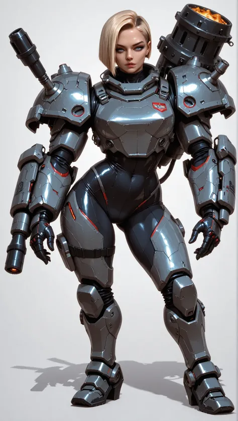 Luriketta 'Suto', armored woman, asymmetrical blonde bobcut, bionic eyes, bionic leg, melee fighter, makeup, eyeshadow, cook, artist, psychopath, power armour, (cataphract armor style), sexy space suit, pinup, bulky armour, standing, blank background