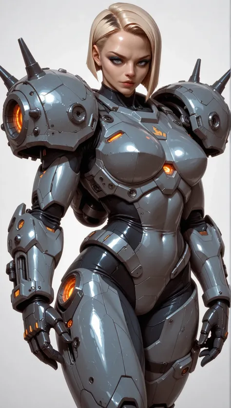 Luriketta 'Suto', armored woman, asymmetrical blonde bobcut, bionic eyes, bionic leg, melee fighter, makeup, eyeshadow, cook, artist, psychopath, power armour, (cataphract armor style), sexy space suit, pinup, bulky armour, standing, blank background