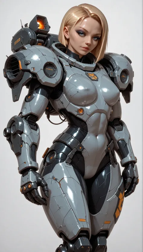 Luriketta 'Suto', armored woman, asymmetrical blonde bobcut, bionic eyes, bionic leg, melee fighter, makeup, eyeshadow, cook, artist, psychopath, power armour, (cataphract armor style), sexy space suit, pinup, bulky armour, standing, blank background