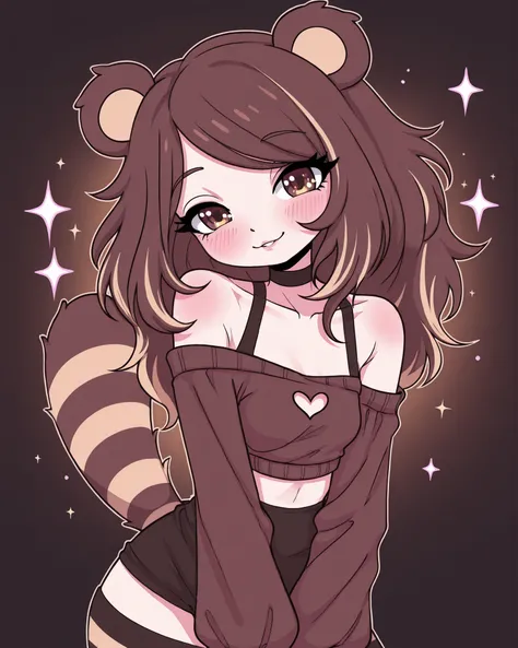 bendover, bending over, pose,CartoonyIllustrious, beautiful anime-style illustration of a kemonomimi tanuki girl, shojo-inspired aesthetic, upper body portrait, fluffy brown tanuki ears and voluminous striped tail, messy shoulder-length dark brown hair wit...