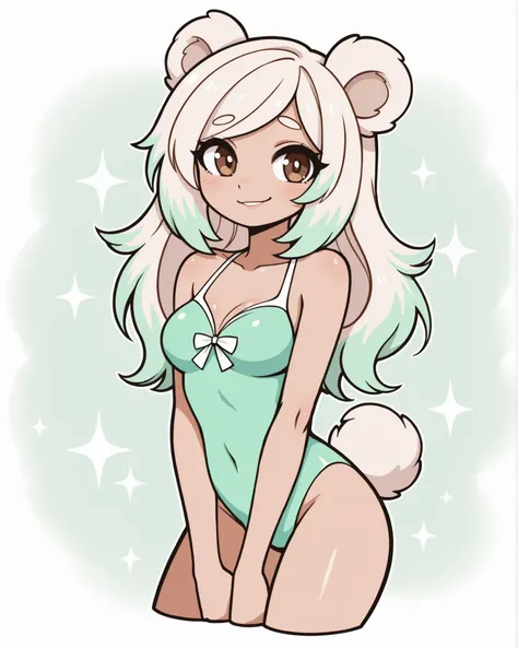 CartoonyIllustrious, anime-style portrait of a kemonomimi tanuki girl, bust-up or 3/4 view, soft fluffy round ears, big expressive brown eyes with warm highlights, shoulder-length tousled dark mocha hair with caramel tips, wearing a cute and fashionable tw...