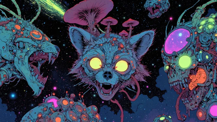 crystal skulls and mutant raccoon skulls float in the cosmos, rainbow-colored glitch halos surround them, some laugh hysterically, others scream in slow motion, bio-luminescent mushrooms sprout from eye sockets and between teeth, cybernetic implants glow i...