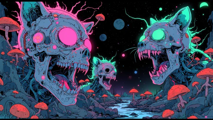 crystal skulls and mutant raccoon skulls float in the cosmos, rainbow-colored glitch halos surround them, some laugh hysterically, others scream in slow motion, bio-luminescent mushrooms sprout from eye sockets and between teeth, cybernetic implants glow i...