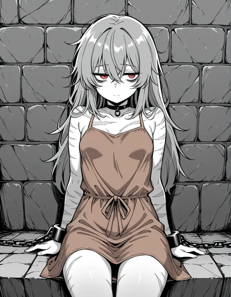 greyscale, monochrome,, stone wall background,1girl, solo, (red eyes), choker, shackles, chains, cowboy shot, open legs, sitting, feet, toes, hands on the sides, OverallDetail, komekko,, (masterpiece, best quality, absurdres), 1girl, solo, small breasts, d...