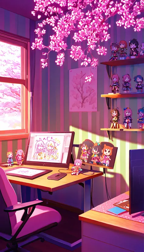 *"A vibrant 2D animated studio background for a Donghua YouTuber, featuring:
- A cozy digital art workspace with a computer, drawing tablet, and colorful LED lights.
- Anime-style posters of original characters on the walls.
- A shelf filled with art...