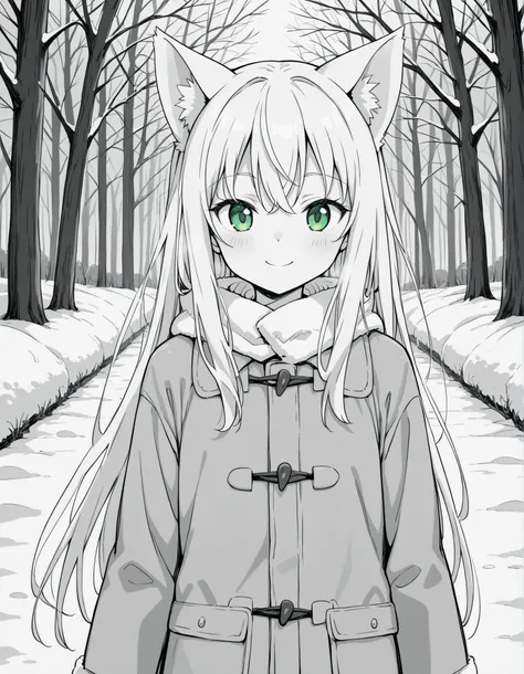 greyscale, monochrome,, anime, solo, BREAK, young fox girl, skinny and frail, (petite,cute:0.5), green eyes, looking at viewer, long hair, white hair, smile, winter clothes, outdoors, winter,