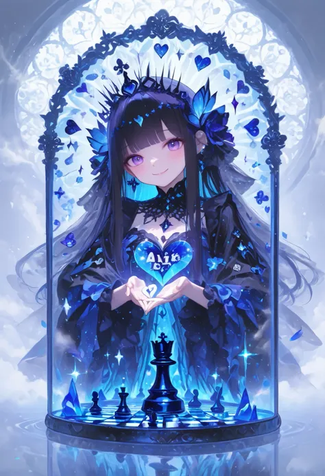 A surreal, mysterious and detailed portrait of Alice stepping through the Looking Glass. She stands on a fragile glass bridge hovering over an endless chessboard where the pieces come to life and move by themselves. All around is an interweaving of mirrore...