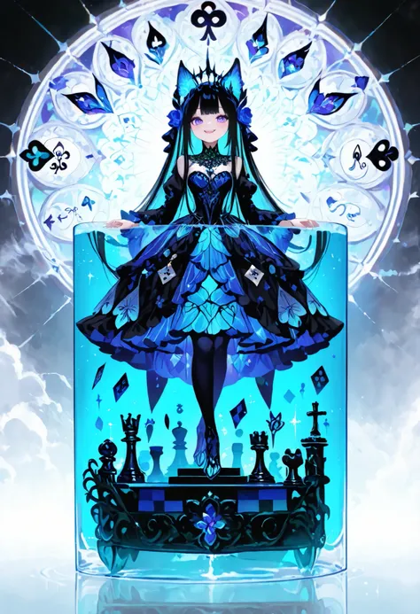 A surreal, mysterious and detailed portrait of Alice stepping through the Looking Glass. She stands on a fragile glass bridge hovering over an endless chessboard where the pieces come to life and move by themselves. All around is an interweaving of mirrore...