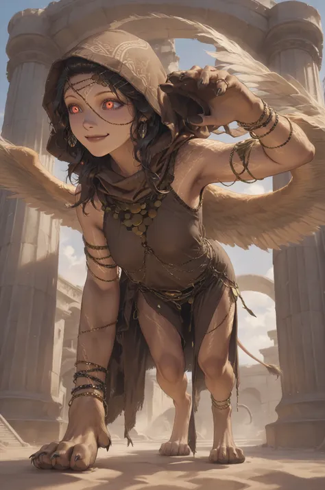 masterpiece, best quality, amazing quality, very aesthetic, high resolution, hyper-detailed, mature woman, a sphinx, small breasts,tanner skin, disguised smile expression, full body, fantasy theme, frontal view  