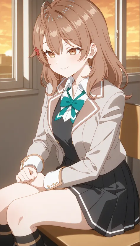 (Masterpiece, High Resolution, Better Quality) Maria mikhailovna kujou_(roshidere), 1girl, Brown hair, Red hair ornament, Brown eyes, Smile, Highly detailed skin, School uniform, White shirt, Collared shirt, Jacket, Long sleeves, Gray blazer, Green tie, Bl...