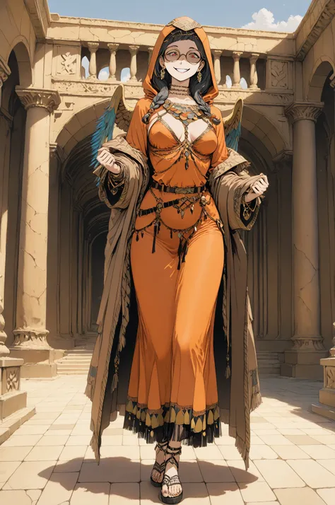 masterpiece, best quality, amazing quality, very aesthetic, high resolution, hyper-detailed, mature woman, a sphinx, small breasts,tanner skin, disguised smile expression, full body, fantasy theme, frontal view  