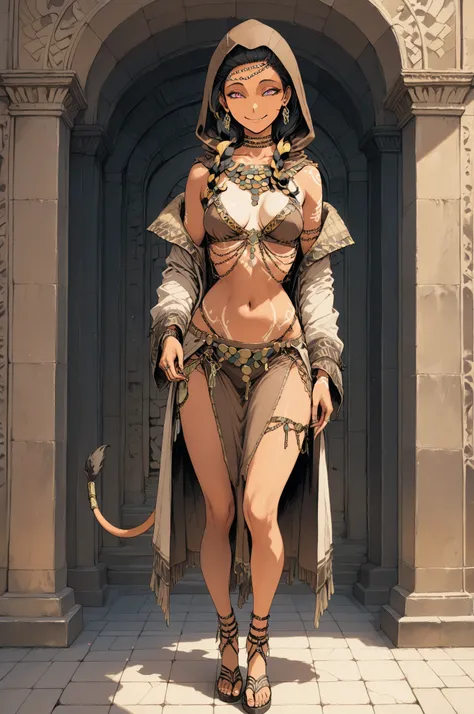 masterpiece, best quality, amazing quality, very aesthetic, high resolution, hyper-detailed, mature woman, a sphinx, small breasts,tanner skin, disguised smile expression, full body, fantasy theme, frontal view  