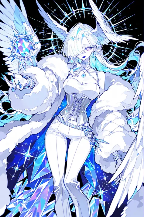 (xxx667_illu,)(feathered head wings, demon head wings, [color] head wings, multicolored head wings ,)The winged woman is angel. She has a mature bodybuilding  with big breasts , thin waist and wide hips. She has sparkling white skin. She has fluffy feather...