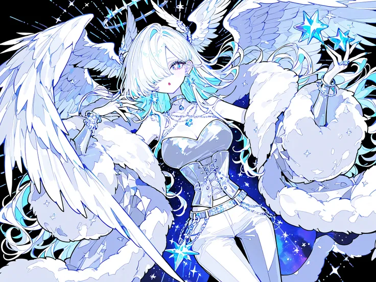 (xxx667_illu,)(feathered head wings, demon head wings, [color] head wings, multicolored head wings ,)The winged woman is angel. She has a mature bodybuilding  with big breasts , thin waist and wide hips. She has sparkling white skin. She has fluffy feather...