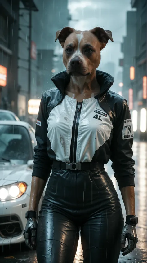 An anthro ((pitbull)) woman standing next to a futuristic race car dressed in racing gear. Cyberpunk, cyborg, dark, gritty, raining, dynamic angle, dramatic lighting
