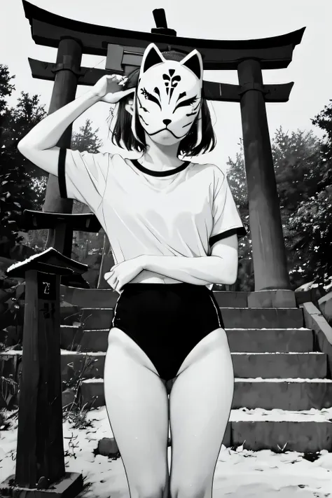 monochrome,anbu,1girl,medium hair,black hair,wearing a black gymnastics bloomers,highleg,self wedgie,white blouse,standing,torii,solo,