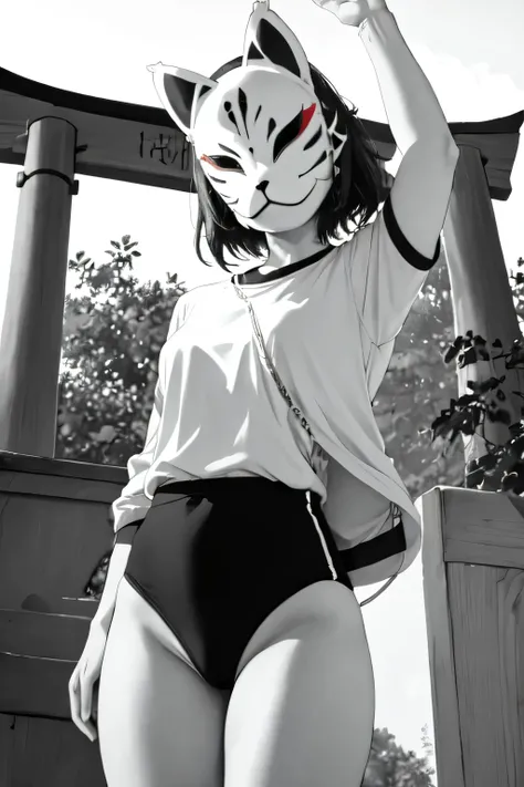 monochrome,anbu,1girl,medium hair,black hair,wearing a black gymnastics bloomers,highleg,self wedgie,white blouse,standing,torii,solo,