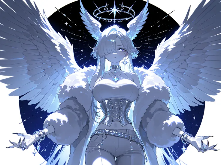 (xxx667_illu,)(feathered head wings, demon head wings, [color] head wings, multicolored head wings ,)The winged woman is angel. She has a mature bodybuilding  with big breasts , thin waist and wide hips. She has sparkling white skin. She has fluffy feather...
