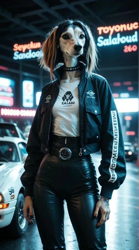 An anthro ((saluki)) woman standing next to a flying race car dressed in racing gear. Cyberpunk, cyborg, glowing neon, neon punk, neo retro, sighthound, saluki, black fur