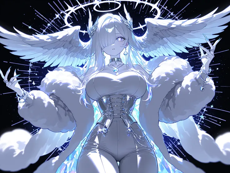 (xxx667_illu,)(feathered head wings, demon head wings, [color] head wings, multicolored head wings ,)The winged woman is angel. She has a mature bodybuilding  with big breasts , thin waist and wide hips. She has sparkling white skin. She has fluffy feather...