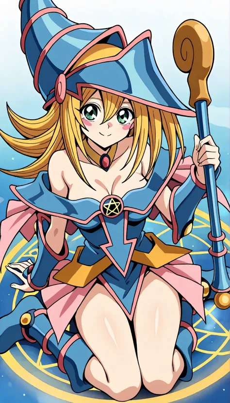 Black Magician Girl,smile,wariza,bottom-up,Estrus season,Female face,Medium breasts,blonde hair,pink magic circle,8K, 4k, highest quality, High resolution: 1.2),cute anime face、Pink blush on cheeks、noise removal、Leotard that bites into,(1 cane),have a cane...