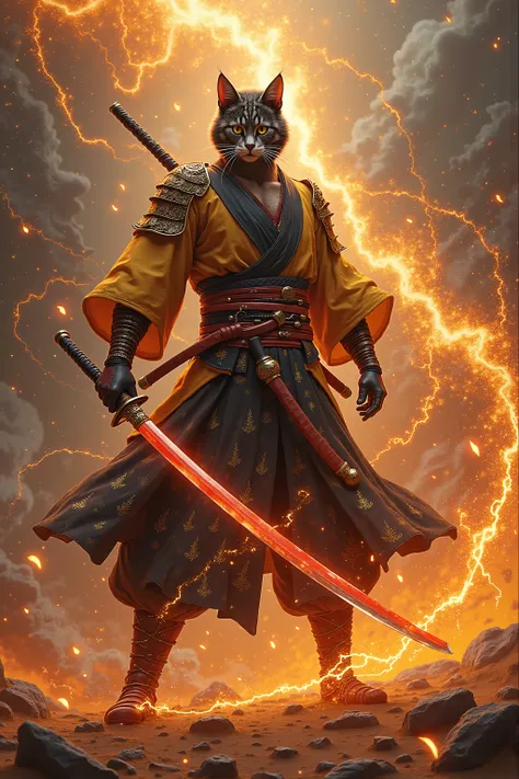 Catman、Ultra High Definitionなセル画, noise、Sandstorm、Cat attendant, Catman, Full Body画, BIG VIEW, main character,  hero , justice、Kamado Tanjiro、Meteor Sword, 刀をstab出す, stab, Dental process, tornado, Swirl, spiral, Fire Tornado, Water Tornado, Hurricane, Thun...