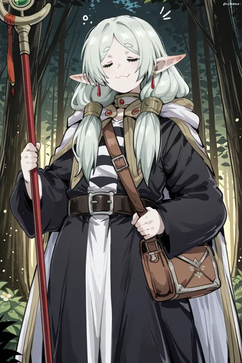 kurenaiz, masterpiece, best quality, amazing quality, very aesthetic, high resolution, ultra-detailed, absurdres, newest, 1boy, male focus, solo, male elf, sharp pointed ears, emerald green eyes, shoulder-length silver-green hair, =w=, :3, = =, eyes closed...