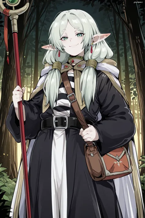 kurenaiz, masterpiece, best quality, amazing quality, very aesthetic, high resolution, ultra-detailed, absurdres, newest, 1boy, male focus, solo, male elf, sharp pointed ears, emerald green eyes, shoulder-length silver-green hair, eyes narrowed, smile, fri...