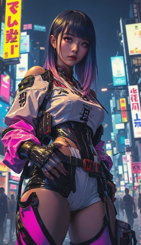 ((Manga artwork cowboy shot) von (perfect Asian cyberpunk girl, wearing detailed Harajuku clothing with company logos))), (((dynamische Pose))), ((LED-Leuchten)), ((Manga-Zeichnung)), ((cinematographic lighting)), ((Chiaroscuro)), warme Farben, perfect fe...