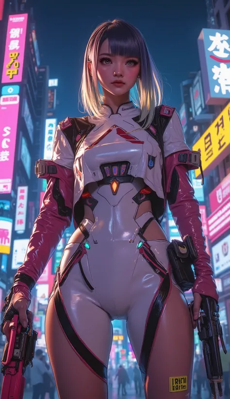 ((Manga artwork cowboy shot) von (perfect Asian cyberpunk girl, wearing detailed Harajuku clothing with company logos))), (((dynamische Pose))), ((LED-Leuchten)), ((Manga-Zeichnung)), ((cinematographic lighting)), ((Chiaroscuro)), warme Farben, perfect fe...