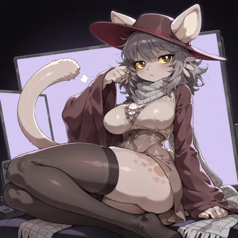 (side angle) (solo:1.5, solo character:1.5) (adult:1.2, mature:0.9, female, girl, Niko, small thighs) ((purple lighting, dark lighting)), (((dark grey scarf, yellow sclera, greyish brown eyes))) [very big eyes:1.5], (round face:1.4, cute:1.3, medium hair, ...