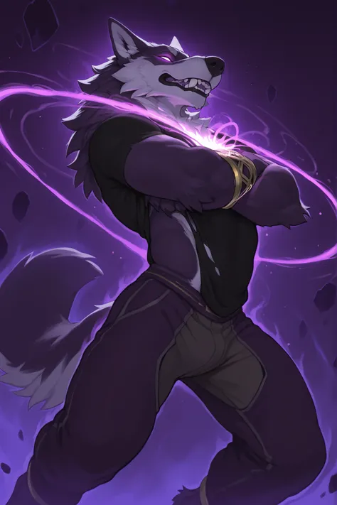 masterpiece, ultra highres, best quality, anthropomorphic male wolf, muscular build, arched back in agony, mouth open in silent scream, glowing eyes, torn black shirt, ethereal blue soul essence streaming from chest, magical binding circles, purple energy ...