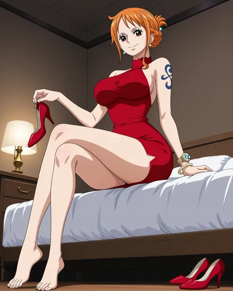 (happy, happy expression, seductive expression, 
on bed, crossed legs, from below, ankle level shot, unworn shoes, holding shoes, barefoot,) 

Nami \One piece\, cloth, thick cloth, 
||3. YomamaNwcmafia, braid, tied hair, short hair, bracelet, red dress, je...