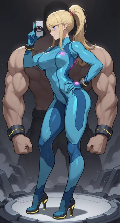 Side profile to camera, profile pose to camera ,Full body, showing full body, 1 girl, masterpiece, good quality, best quality, very awa, very as2, absurdres, highres
mus, long hair, ponytail, bangs, turtleneck, zero suit, bodysuit, skin tight, gloves, br...