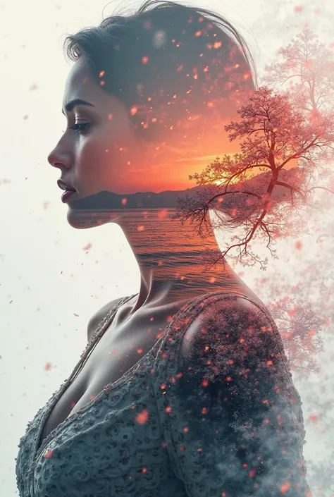 high quality, 8K Ultra HD, A beautiful double exposure that combines an goddess silhouette with sunset coast, sunset coast should serve as the underlying backdrop, with its details incorporated into the goddess , crisp lines, The background is monochrome, ...