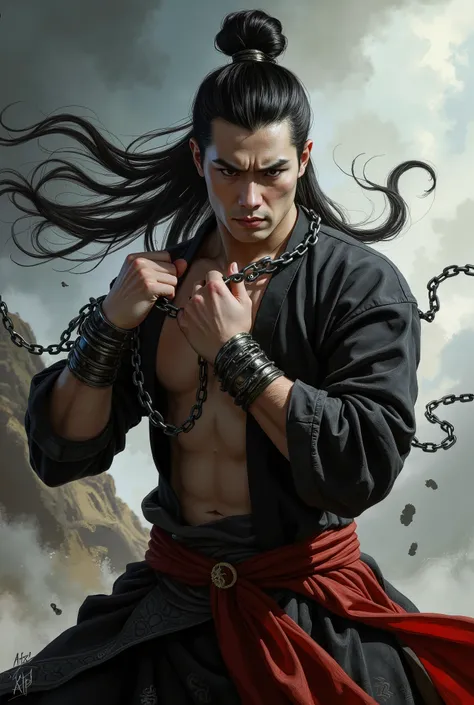 a furious Chinese god warrior with chains on his wrists, long black hair tied in a half bun with loose strands, pale skin, sharp intense eyes, realistic face, powerful athletic body, wearing a black and red hanfu with flowing fabric, wind blowing through h...
