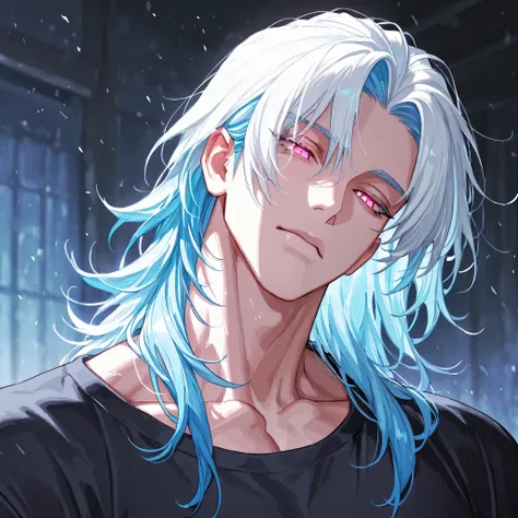 1 man, very handsome, wavy white hair, one line of blue hair, middle part hair, medium length hair, head tilt, eyelashes, pink eyes, glowing pink eyes, cold eyes, muscular neck, thick neck, black shirt, detailed, masterpiece