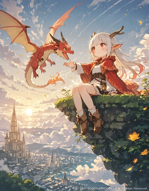 Highest quality, highest resolution, masterpiece, fantasy world, adorable dragon girl, majestic clouds, mysterious, ((Cute smiling dragon girl)), city visible in the distance