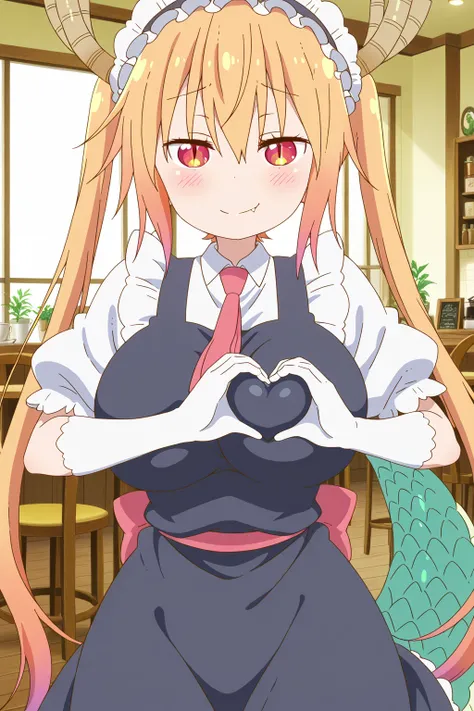 anime着色,anime,characters,animecharacters,(ultra detailed), (very detailed and beautiful), (perfect details), ,amazing quality,very aesthetic,best quality,masterpiece,8k, ultra detailed, crisp quality, sharp focus, high resolution,(anime screencap:1.1), (official style),cel shading,flat lighting,official art,tohru (maidragon),tohru, long hair, bangs, blonde hair, hair between eyes, twintails, very long hair, multicolored hair, fang, gradient hair, dragon horns, red eyes, slit pupils,,gloves, dress, tail, short sleeves, necktie, white gloves, maid, maid headdress, dragon girl, dragon tail, scales, large tail,(huge breasts:0.6),(curvy),1girl,solo,blush,(half-closed eyes:0.8),smug,(shy),looking at viewer, making a heart with both hands in front of chest, (heart-shaped boob challenge:1.1), moe moe kyun! heart hands, magical heart-shaped aura , eye contact, Heart effect,background,cafe,antique coffee shop, wooden furniture, warm lighting,windows,cowboy shot,pov,