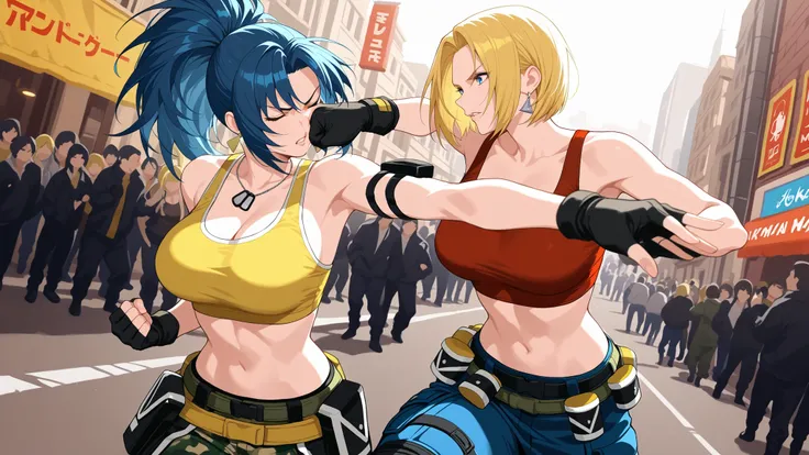 masterpiece, best quality:1.2), highly detailed, (couple), hetero, (duo focus), (front light:1.1), dynamic angle, 2girls,fighting, hair grab, face punch, street crowd background, (1girl, Blue Mary KOF, red crop top, blue eyes, short hair, blue pants, belt...
