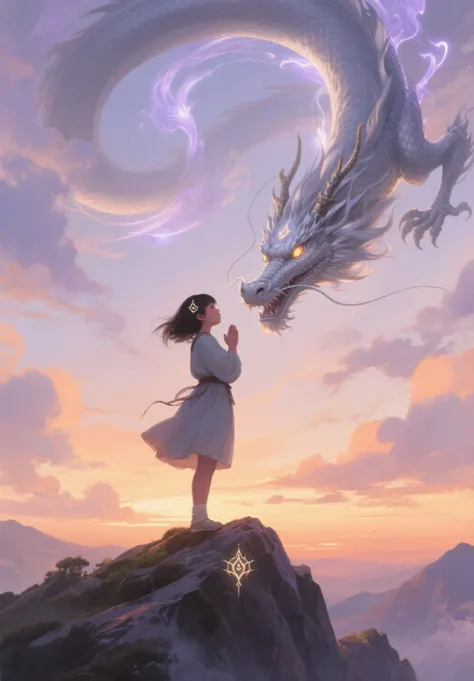 At dawn, a young girl stands at the mountain peak, praying with a serene yet determined expression. A majestic silver dragon descends from the sky, its glowing eyes fixed on her as a mystical crest appears on her forehead. The sky is painted with soft hues of orange and purple, clouds swirling with divine energy, creating a sacred and awe-inspiring atmosphere, highly detailed fantasy illustration.