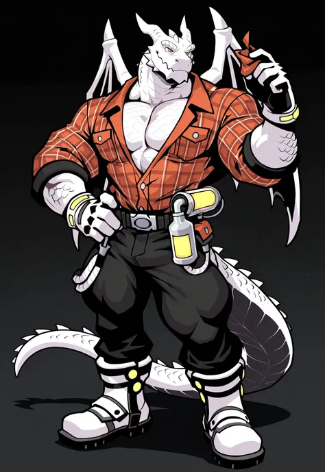 Ninth of fourteen dragons from Dyne's harem is an astronaut! rodeo rope, spurs, open plaid shirt, handkerchief, hunky, dragon, thick muscles, dragon head, lizard scales, hunky dragon, from fantasy realm castle. masterpiece, best quality, amazing quality,...