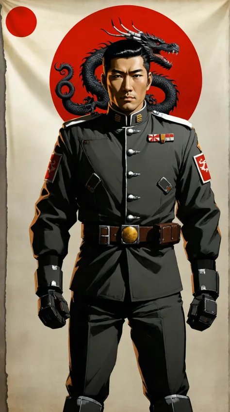 BattleTech, Theodore Kurita, man of Japanese descent, dark hair styled upward and back adding to the sense of orderliness and discipline, very detailed, masterpiece, wearing a striking uniform that features a high-collared jacket with a predominantly white...